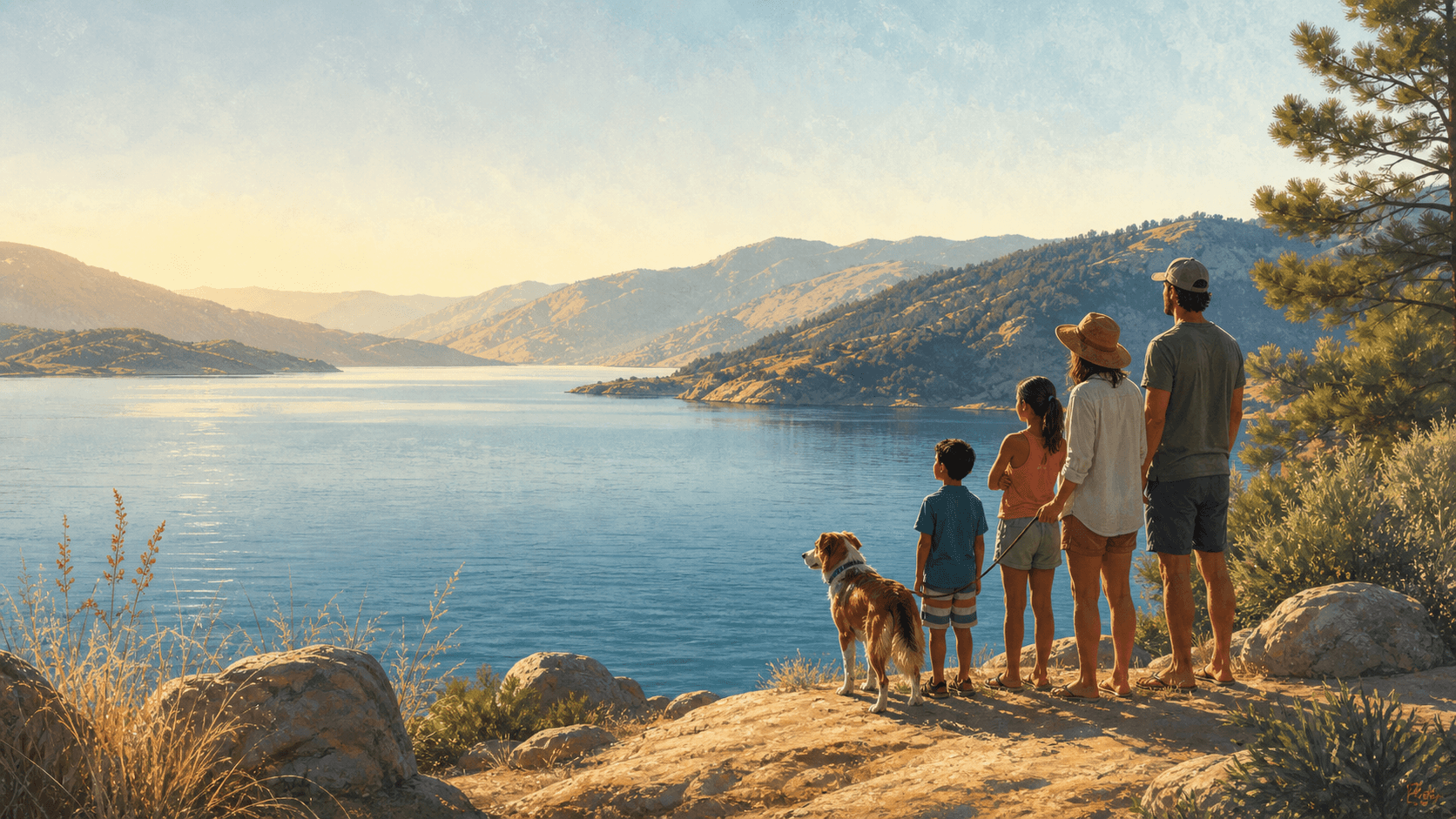 A family and dog pausing at the shore of a California reservoir